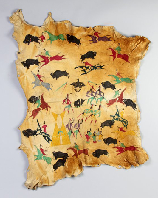 Native American elk skin hide showing war dance and hunting scenes, 60 inches by 50 inches.  Price realized: $18,500. Cottone Auctions image.